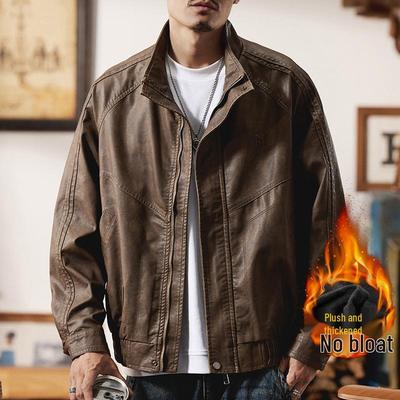 American Style Velvet Leather Men's Stand Collar Jacket: Loose, Casual, Retro, Plus Size Outerwear for Autumn/Winter.