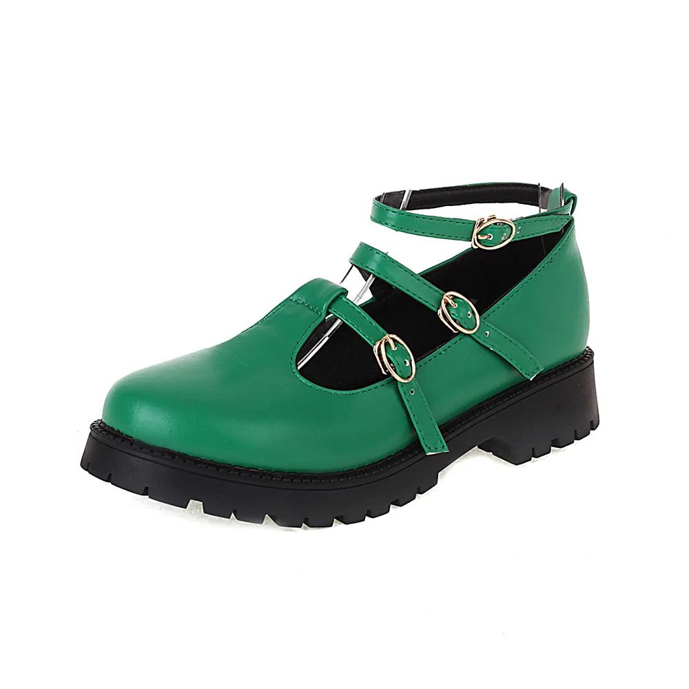 Fashion 2025 Women Flats Ankle Strap Buckle Loafers Fashion Round Toe Platform Casual Shoes Ladies Retro British Style Size 34-42 Green