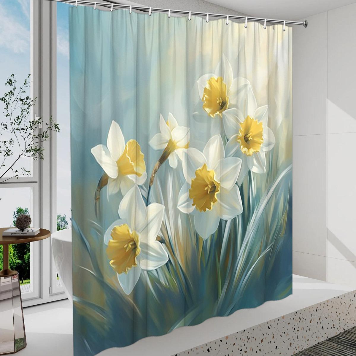 

1Pc Daffodils Shower Curtain - White Flowers With Yellow Centers, Soft Pastel Background, Polyester, Washable W60H190(CM)-1 Pcs