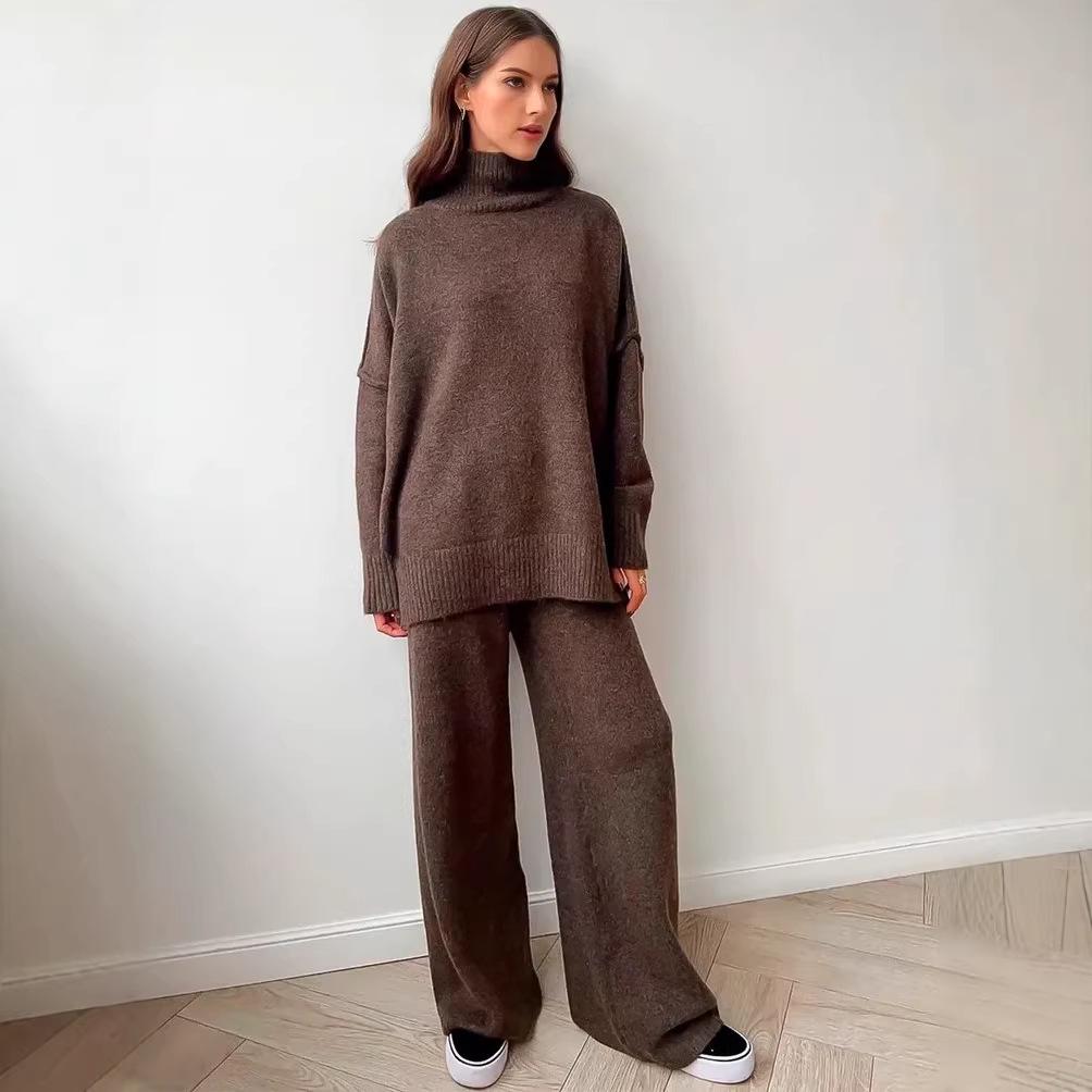 2025 Autumn/Winter Casual Solid Color Knitted Sweater Set: Loose High Neck and Pants