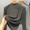 Semi-turtleneck Bottoming Shirt Women's New Women's Clothing Contrasting Colors Striped Polished T-shirt Warm Inside with Waist Top