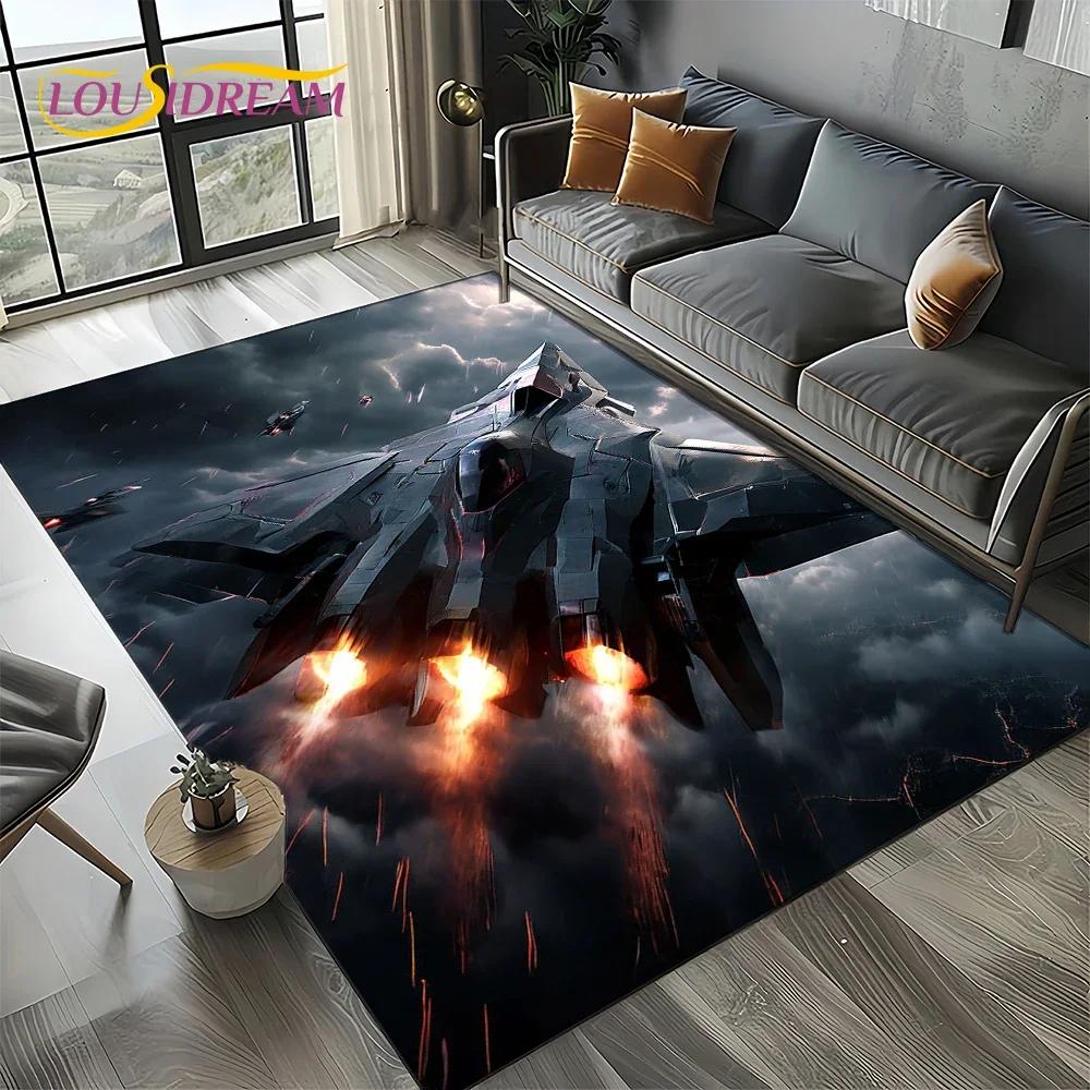 Cartoon 3D Space Spitfire Aircraft Air Force Jet Fighter Carpet Rug for Living Room Bedroom Sofa Decoration,Non-slip Floor Mat