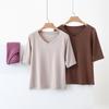 Women's V-Neck Mid-Sleeve Cotton T-Shirt - 2025 Spring/Summer Collection, Fitted Waist, Solid Color