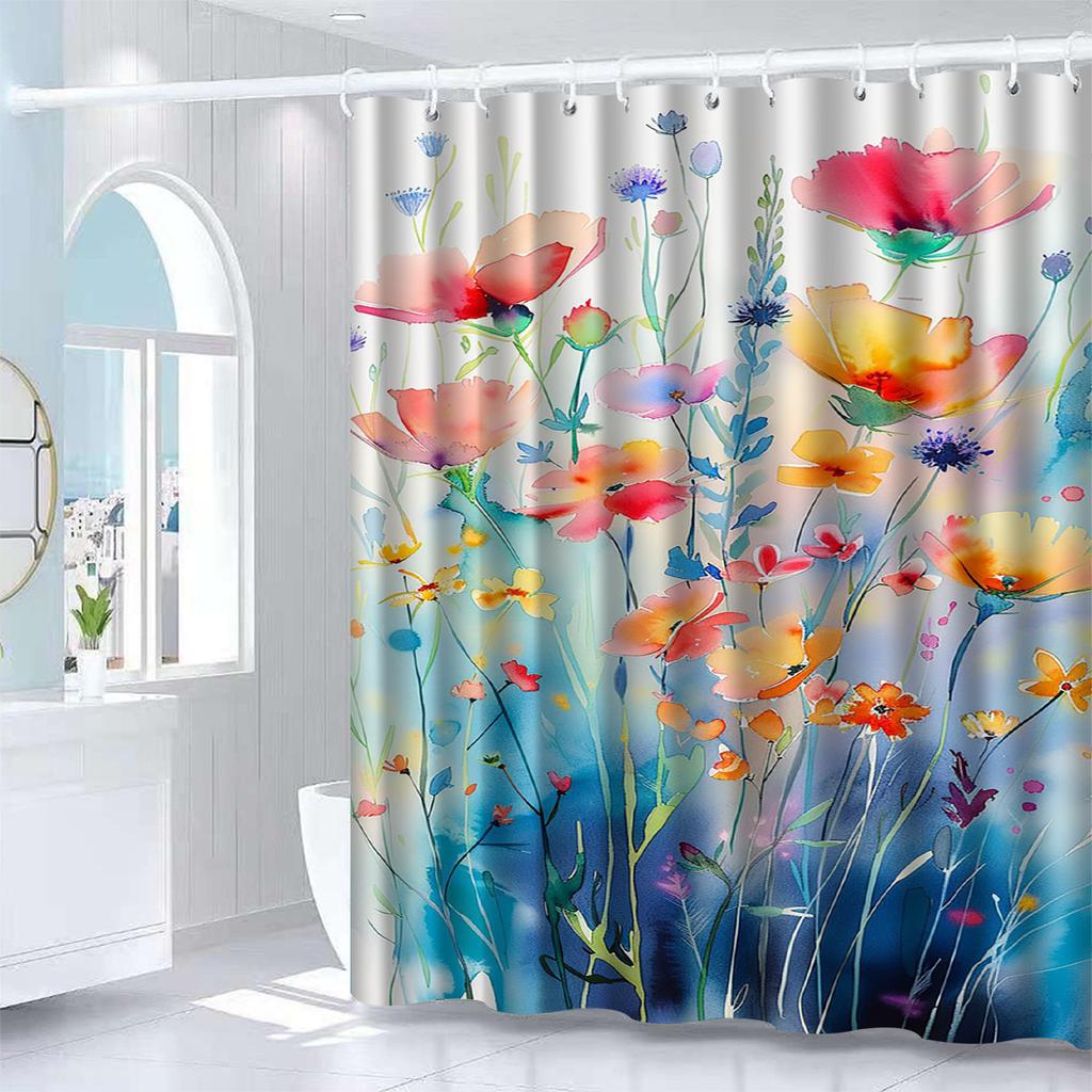 Colorful Floral Shower Curtain - Elegant Waterproof & Anti-Fog, Multifunctional Design, Ideal for Bathroom Decor