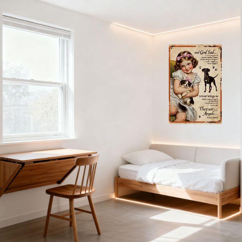 Vintage Girl Dog Metal Sign, Distressed Retro Metal Plaque with Girl & Two Dogs, Angel Theme, Light Green Background, Wall Decor