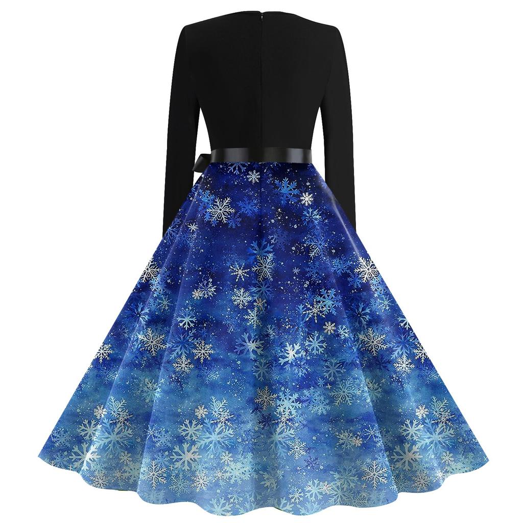 Dámská ležérní móda s výstřihem do V, dlouhým rukávem, retro vánoční potisk, retro šaty podzim