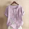 Women's Fashion Round Neck Short Sleeve T-shirt Casual Cotton Linen Graphic Shirt Leisure Loose Purple Flower Prined Summer Blouse Tops