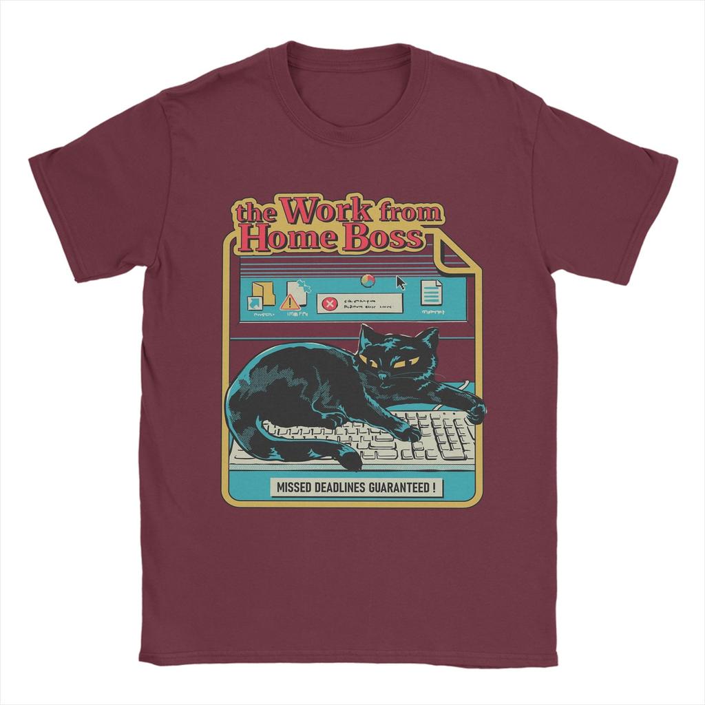 Vintage Work from Home Boss Cat Playing Computer Games T-Shirt Men Pure Cotton T Shirt Short Sleeve Tee Shirt Plus Size Clothing