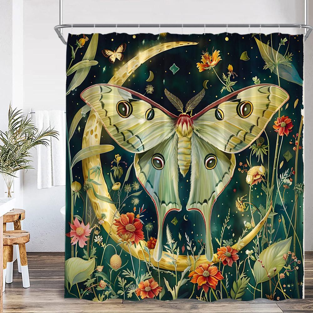 Vintage Butterfly Floral Shower Curtain Dragonfly Flower Moon Plant Skull Witch Magic Bath Curtain Retro Bathtub Decor with Hook