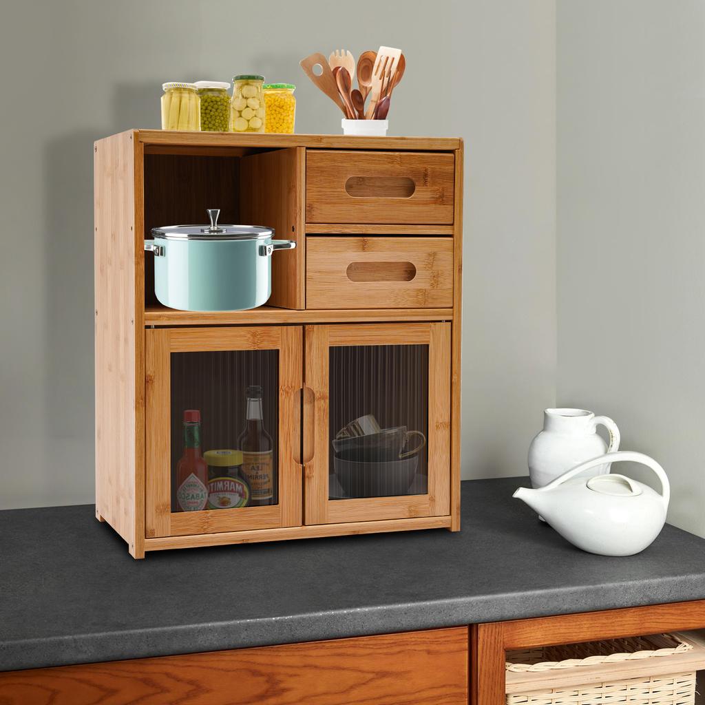 2-Drawer Storage Cabinet, Bamboo Organizer for Kitchen Pantry, Modern Kitchen Shelf, Compact Cabinet for Home Organization