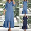 2022 Autumn Women’s Elegant Androgynous Long-Sleeve Denim Cardigan Dress with Turn-Down Collar