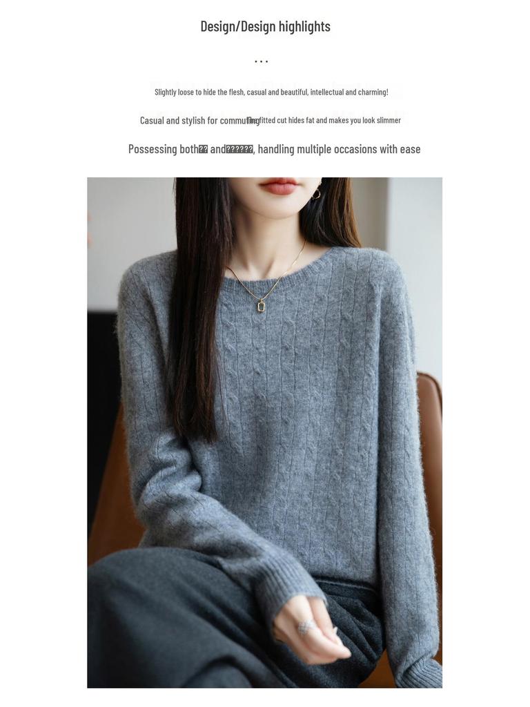 Damen Lässiger Locker Gestrickter Pullover mit Rundhalsausschnitt und Langen Ärmeln