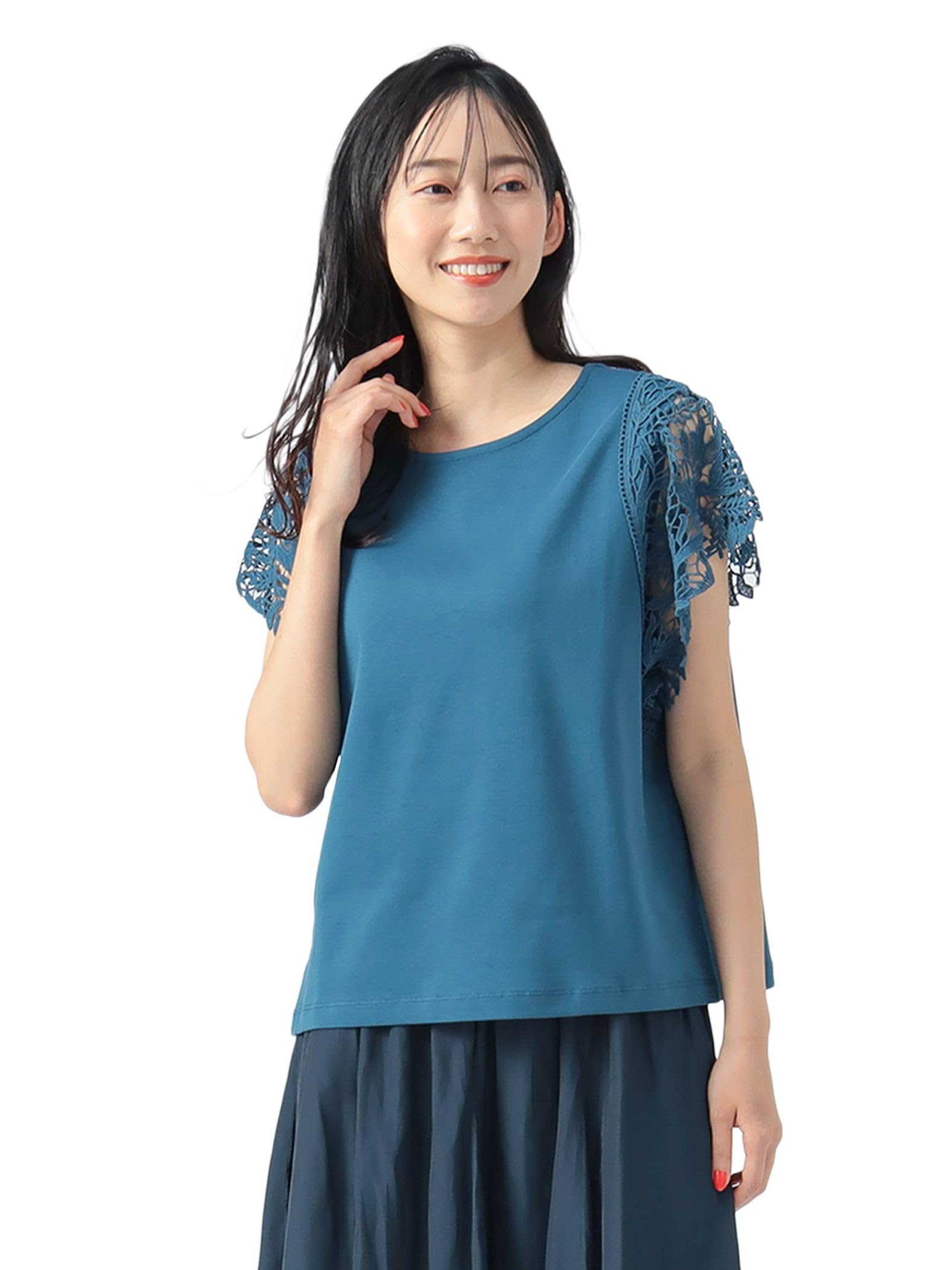 

Beams Heart Tee Lace Sleeve Free Size Women s S/S Pullover, Blue, синий