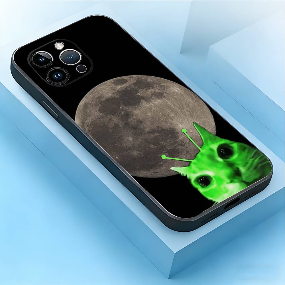 

Funny Green Alien Cat Phone Case For iPhone 17,16,15,14,13,12,11,Air,XR,Pro,Max,Plus,mini,SE Silicone Black Cover iPhone16e