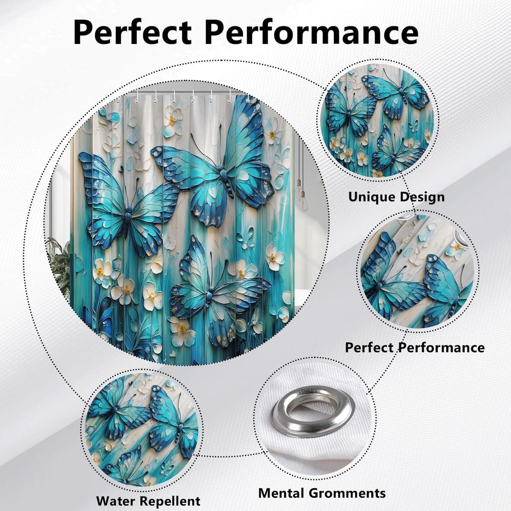 Blue And Green Butterfly Shower Curtain, Retro Colorful Fun Floral Aesthetic Shower Curtain Set Washable Waterproof Fabric