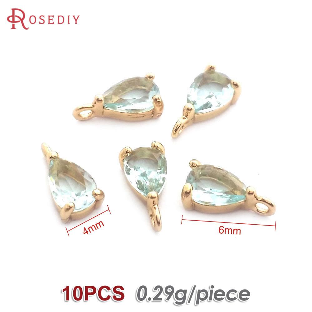 10PCS 4x6MM High Quality Champagne Gold Color Brass and Glass Drop Shape Charms Pendants Jewelry Earrings Findings Accessories