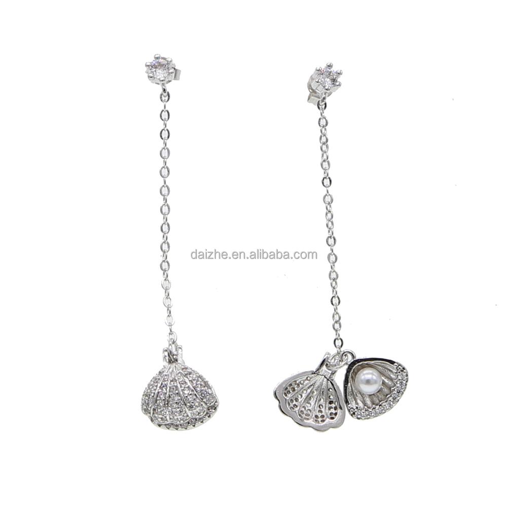 Micro Pave CZ Pearl Sea Shell Long Tassel Chain Earrings Different Design Dangle Small Water Pearl