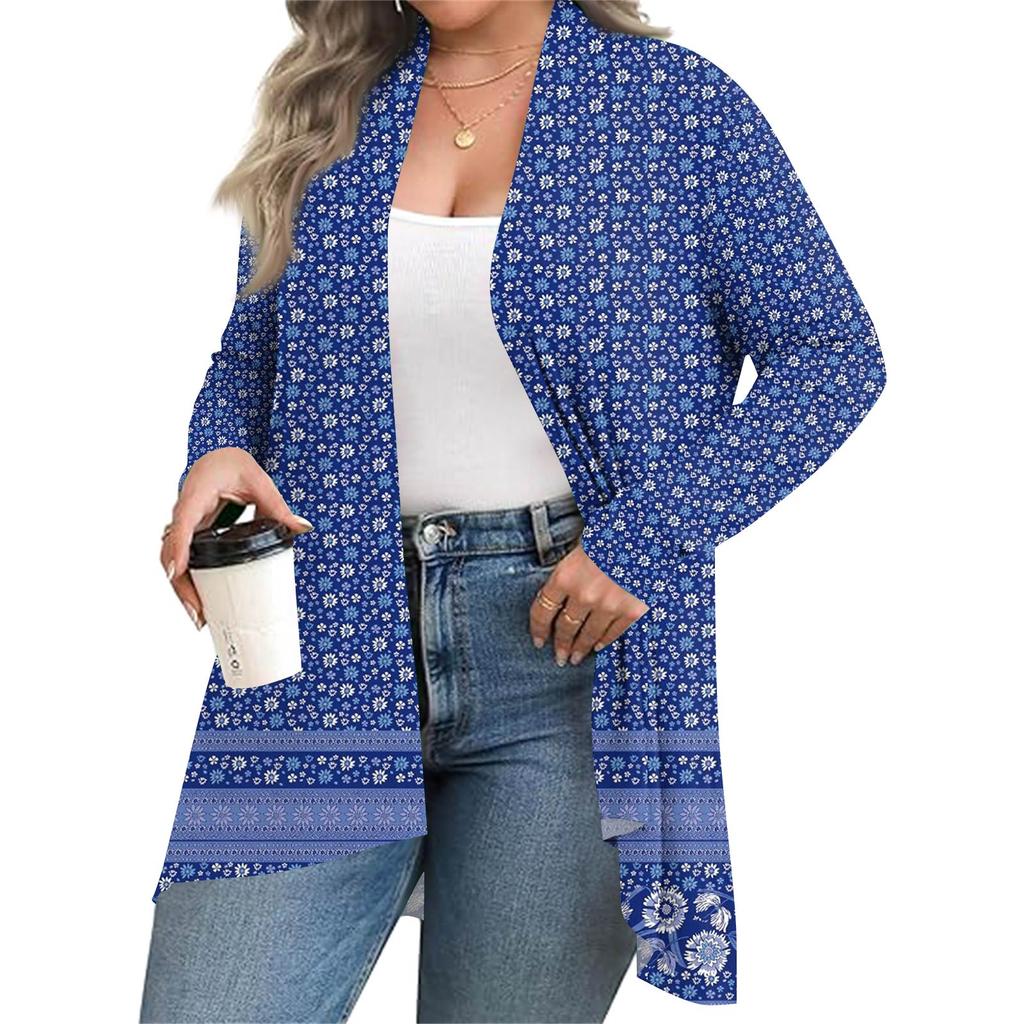 Women's Fall And Winter Fashion Casual Print Long Sleeve Mid-Length Cardigan Jacket