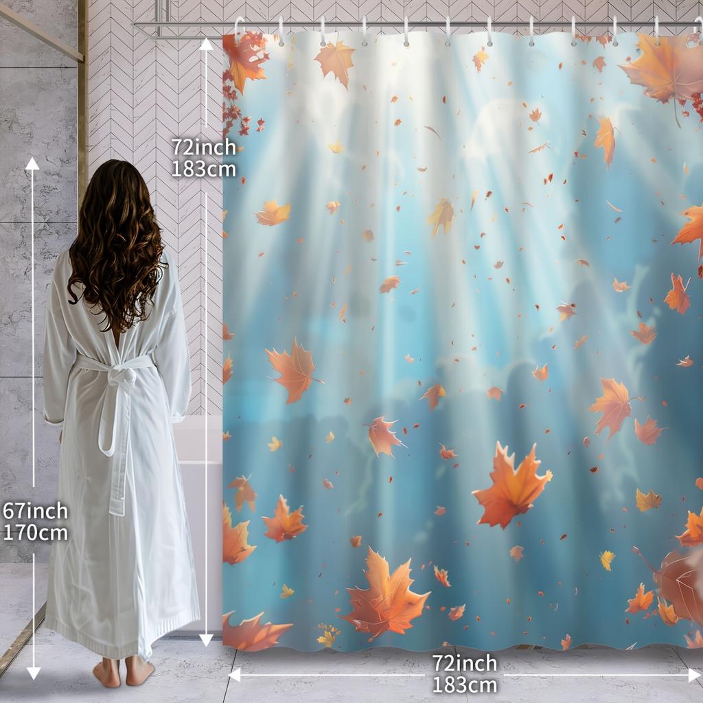 Maple Leaves Curtain - Autumn Sky, Waterproof Polyester, 12 Hooks, Machine Washable, Bath Decor