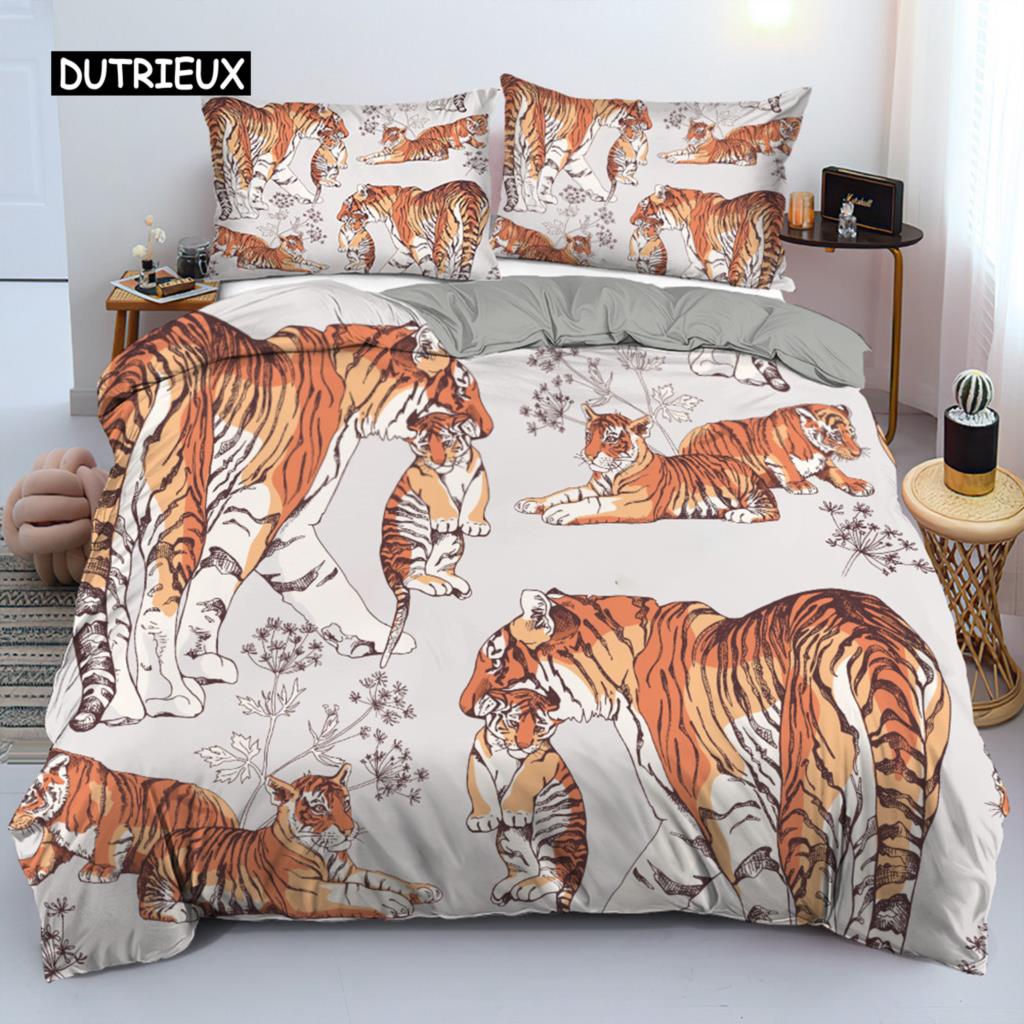 Tiger Duvet Cover Set Red Rose Flower Comforter Cover Boys African Safari Wild Animals Big Cat Queen King Polyester Qulit Cover