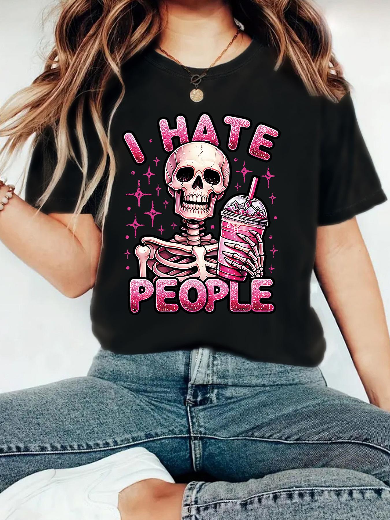 Polyester 100% Cute Printed Short-sleeved Skull Halloween Printed Round-neck Casual Short-sleeved T-shirt for Women Summer S