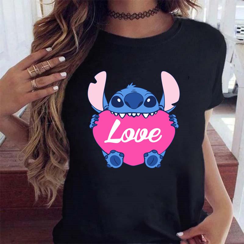 New Fashion FeUnisex Clothing Cartoon Disney Stitch Womens Tshirt Summer Short Sleeve Black Tops