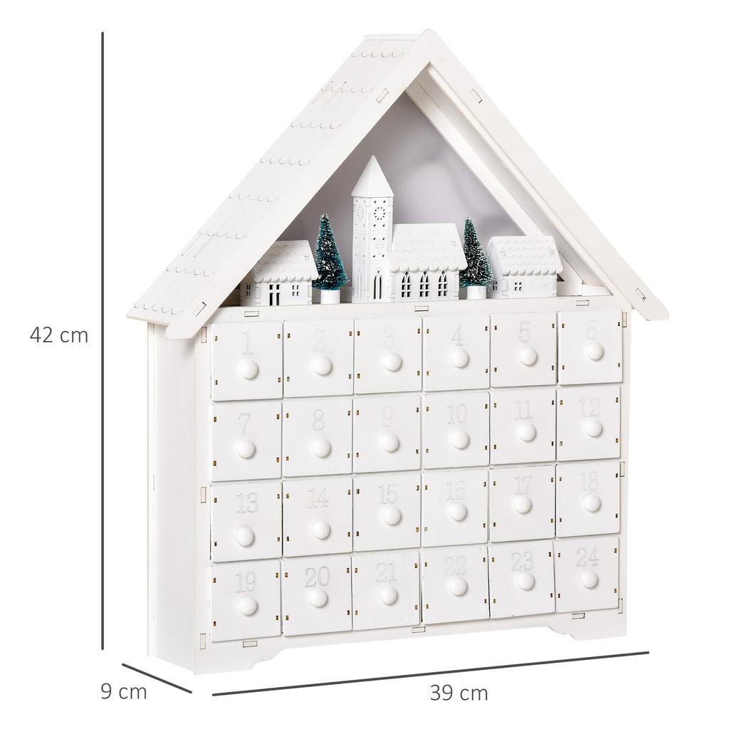 Advent calendar Christmas decoration Christmas decor, 24 drawers, LED lights, 39 cm x 9 cm x 42 cm, white + green