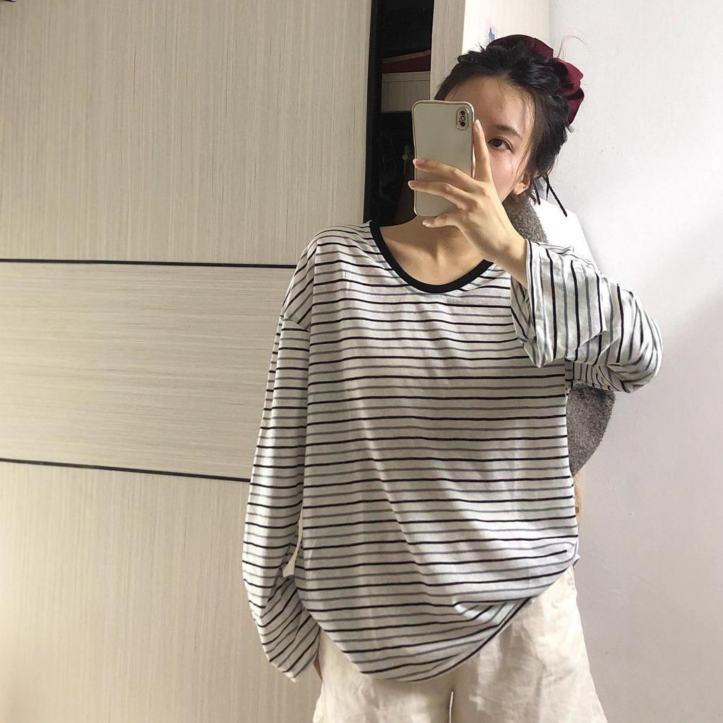 Spring and Autumn New Yarn Snowflake Stripe Korean Slack Lazy Stripe Sunscreen T-Shirt Women's Long Sleeve Air Conditioning Blouse
