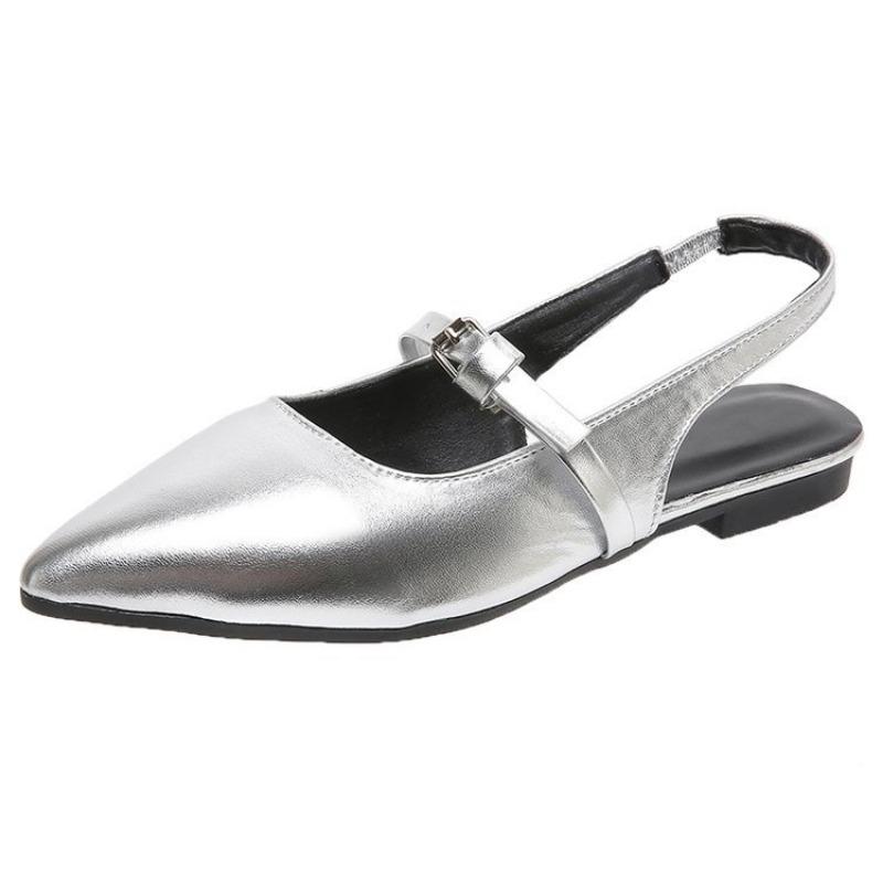 Silver Bag Head Sandals, New Low-heeled Pointed Flat-soled Sandals, Temperament Fashion Shoes