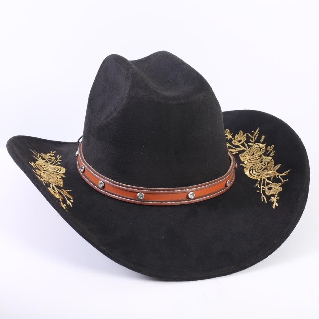 Beliebter europäischer und amerikanischer klassischer Wildleder Western Cowboyhut für Herren und Damen, großer Schirm, bestickt, Outdoor-Sonnenhut