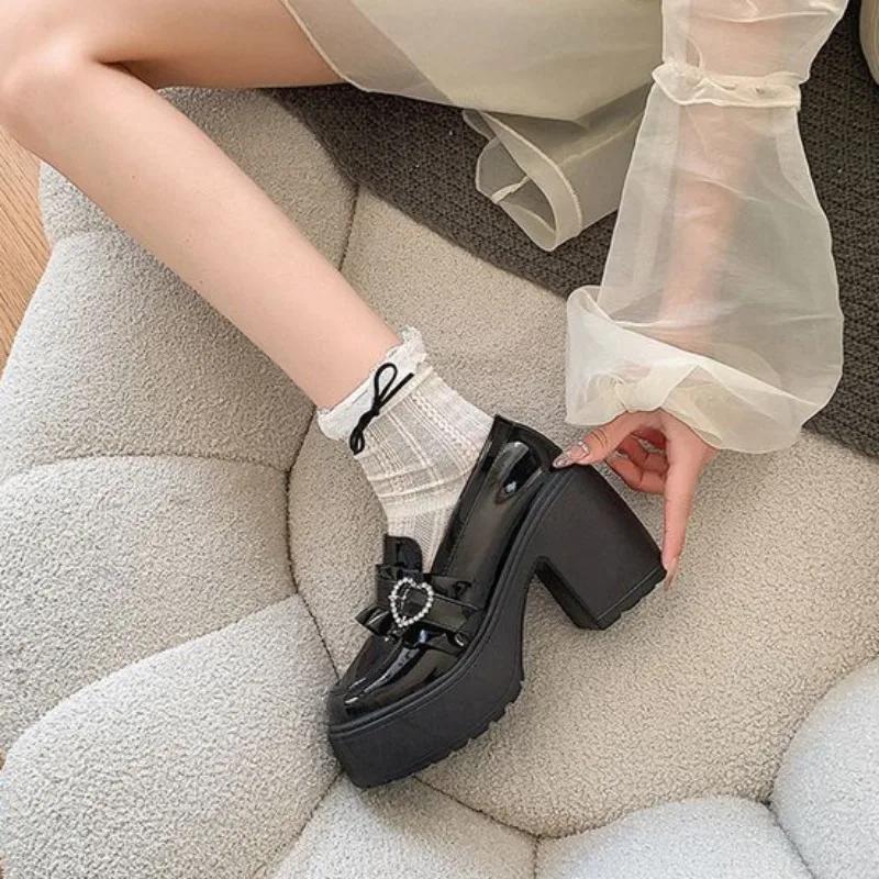 Loafers Block Heel Japanese Style Lolita on Heeled Pumps Mary Jane Round Toe High Heels Shoes for Women Chunky Woman Gothic Slip