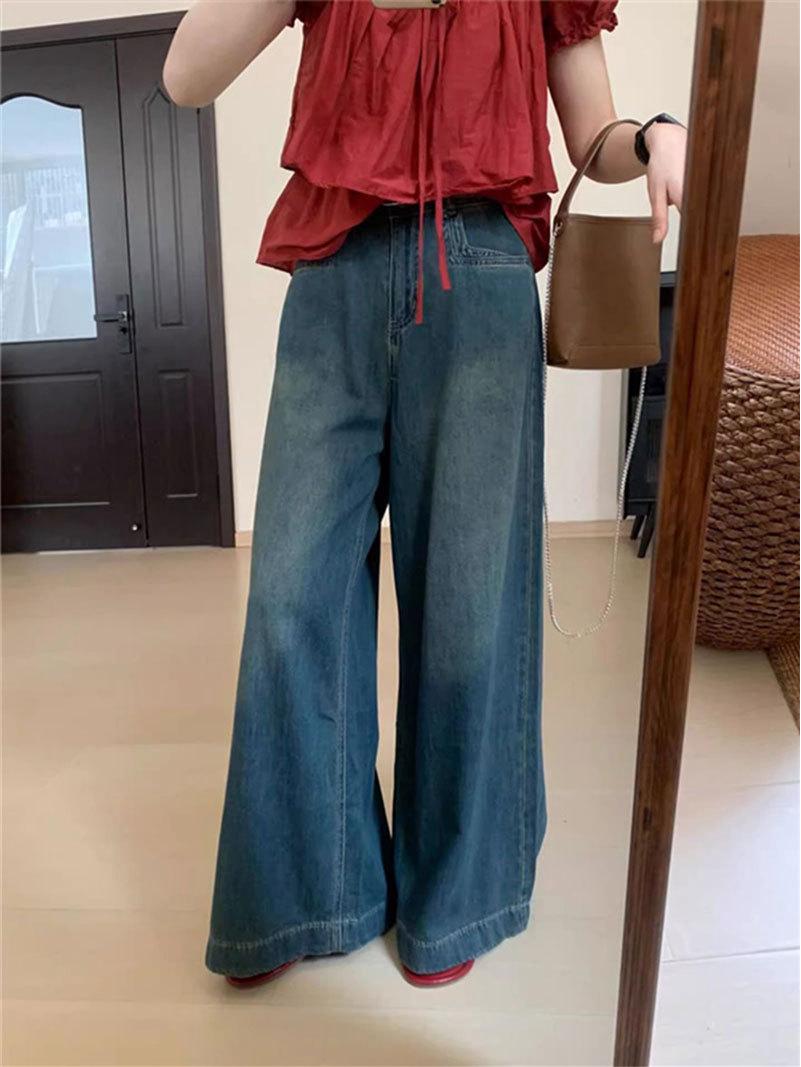 

Женские джинсы с широкими штанинами в корейском стиле с высокой посадкой - стройнящие, универсальные, для весны и осени Medium синий
