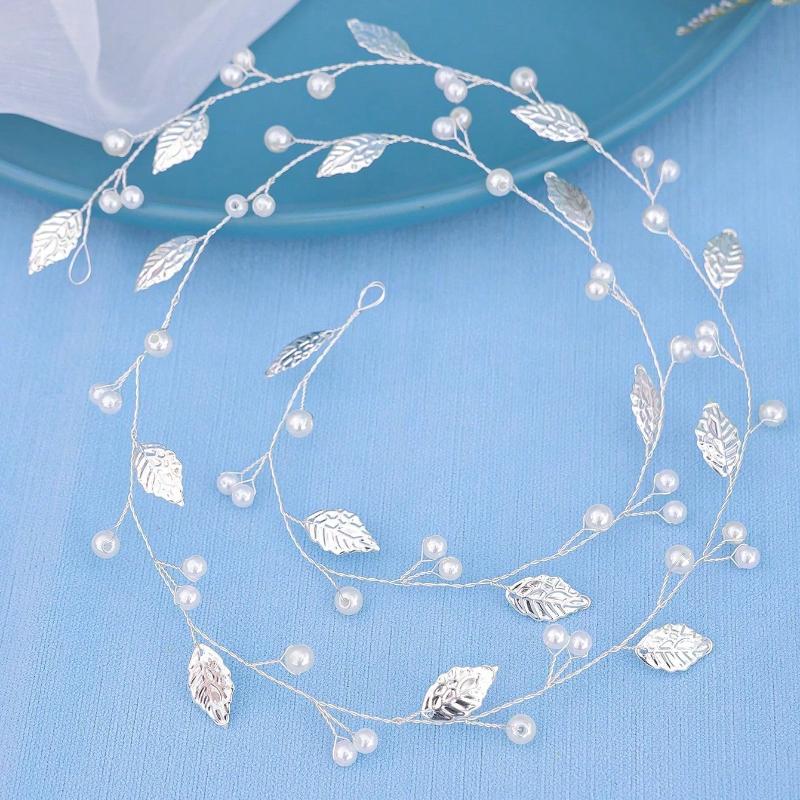 

1pc Women s Wedding Leaf Shaped Alloy Faux Pearl & Detail Soft Chain Headband Elegant Tiaras one-size серебряный
