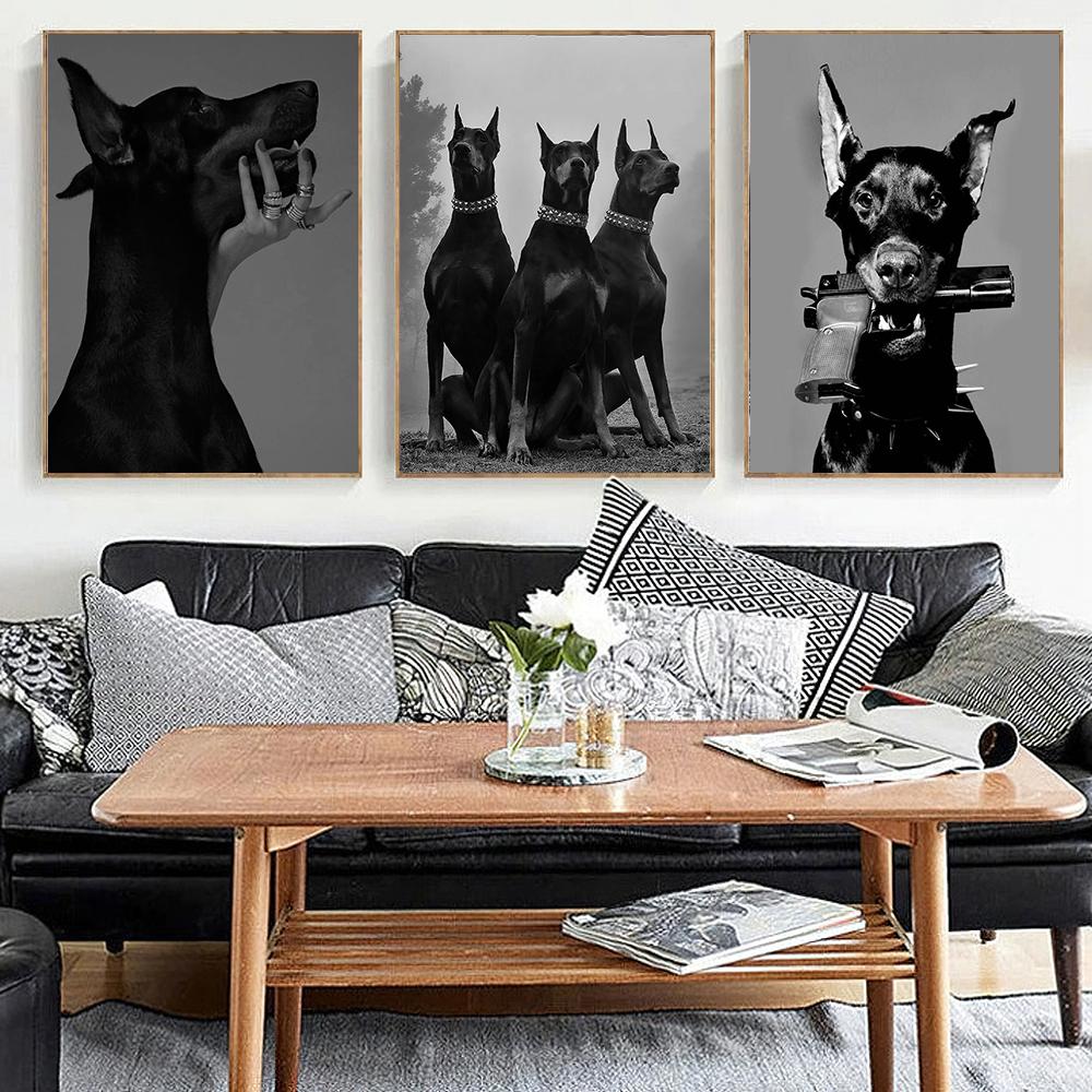 Modern Fashion Doberman Gun Luxury Dog Posters Prints Canvas Painting Nordic Black White Wall Art Pictures for Office Home Decor