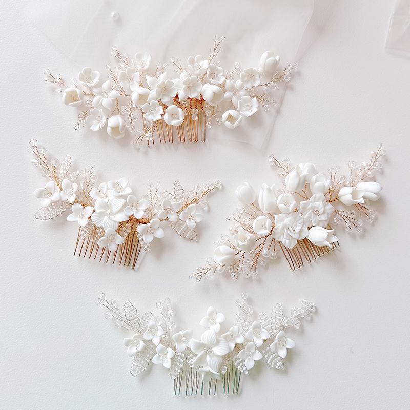 Stock Ceramic Flower Blossom Bridal Hair Comb Clay and Crystal Decorated Hair Accessories for Weddings