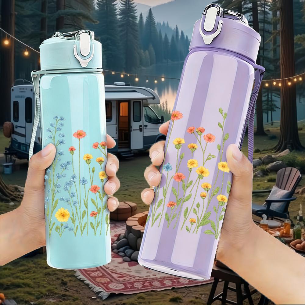 1PC Wild Daisy Floral Field 750ml Color Plastic Sports Water Bottle Leakproof Flip Straw Lid For Sports Office Home Use