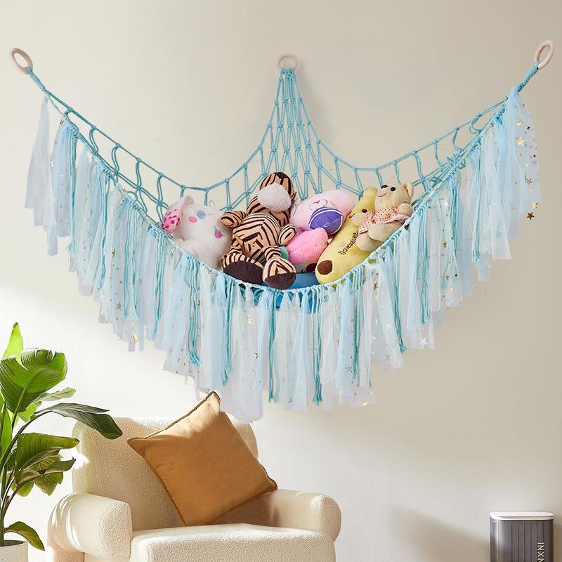 Macrame Triangle Wall Hanging Net Bag Cotton Rope Organizer Ribbon Storage Hammock Plush Hanging Shelf Home Decoration