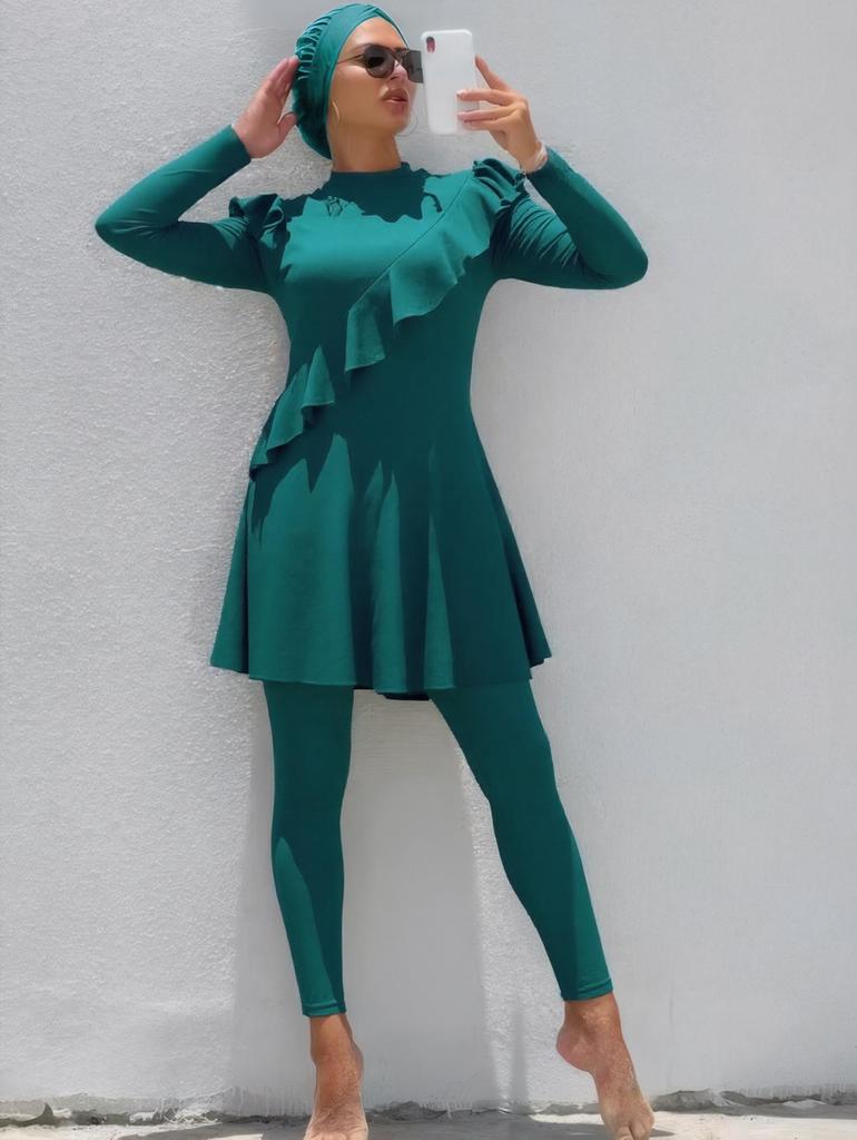 Plus Size Conservative Burkini: Long Sleeve, Swim Skirt & Long Shorts Set