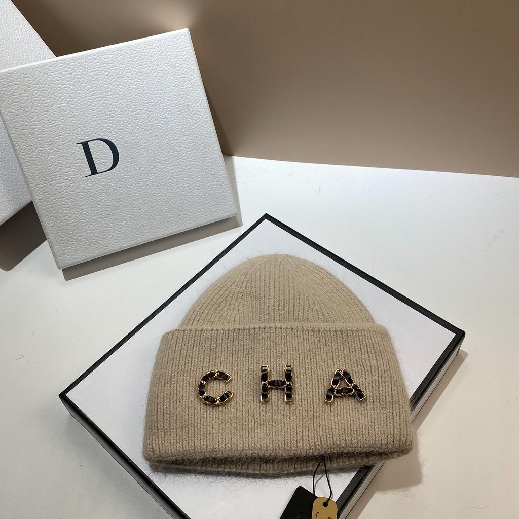 Chain Letter Cha Simple Wool Hat Winter Warm Rabbit Hair Double Fold Knitted Hat Outdoor Ear Protection