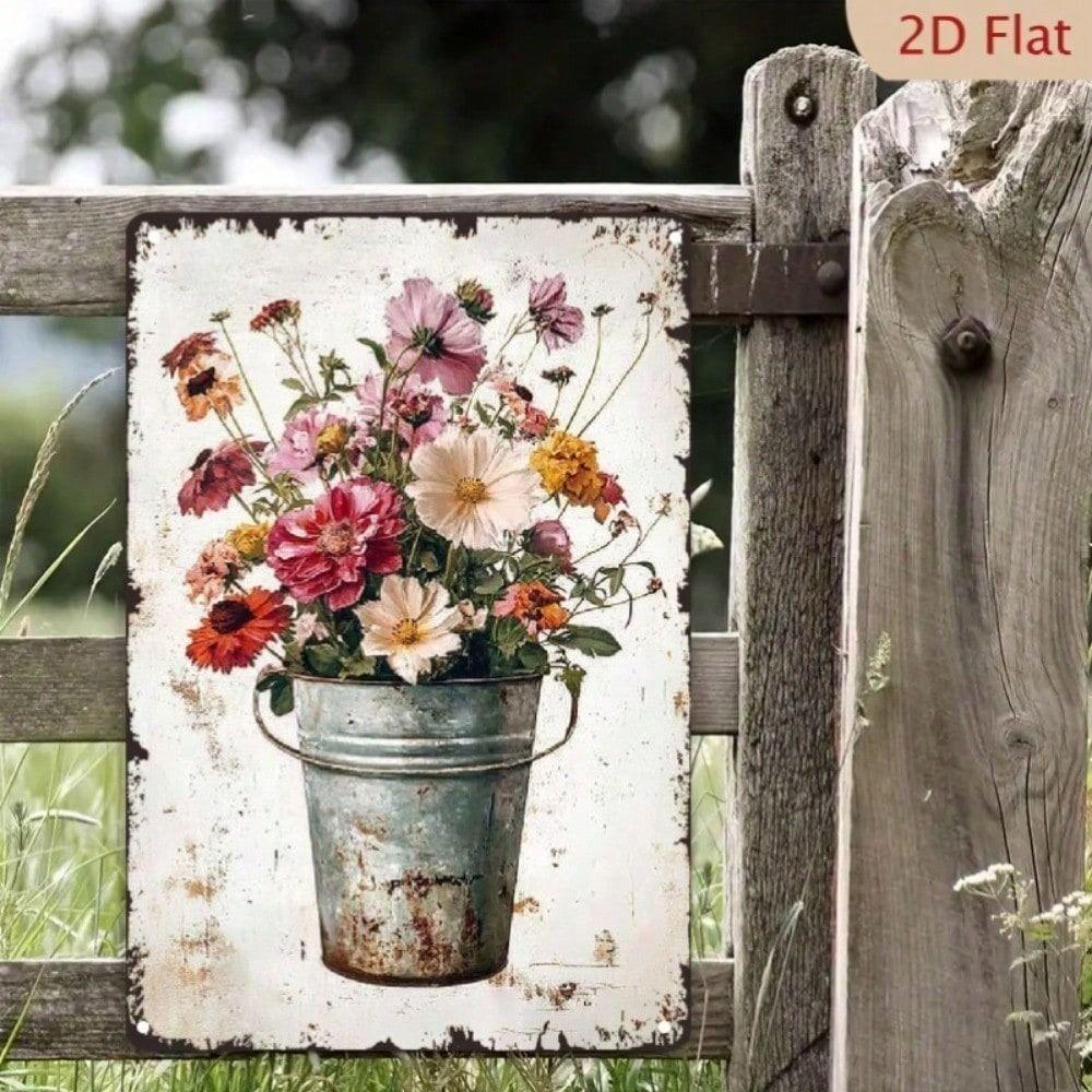 Vintage Wildflower Bouquet Metal Wall Art, Rustic Farmhouse Decor for Living Room