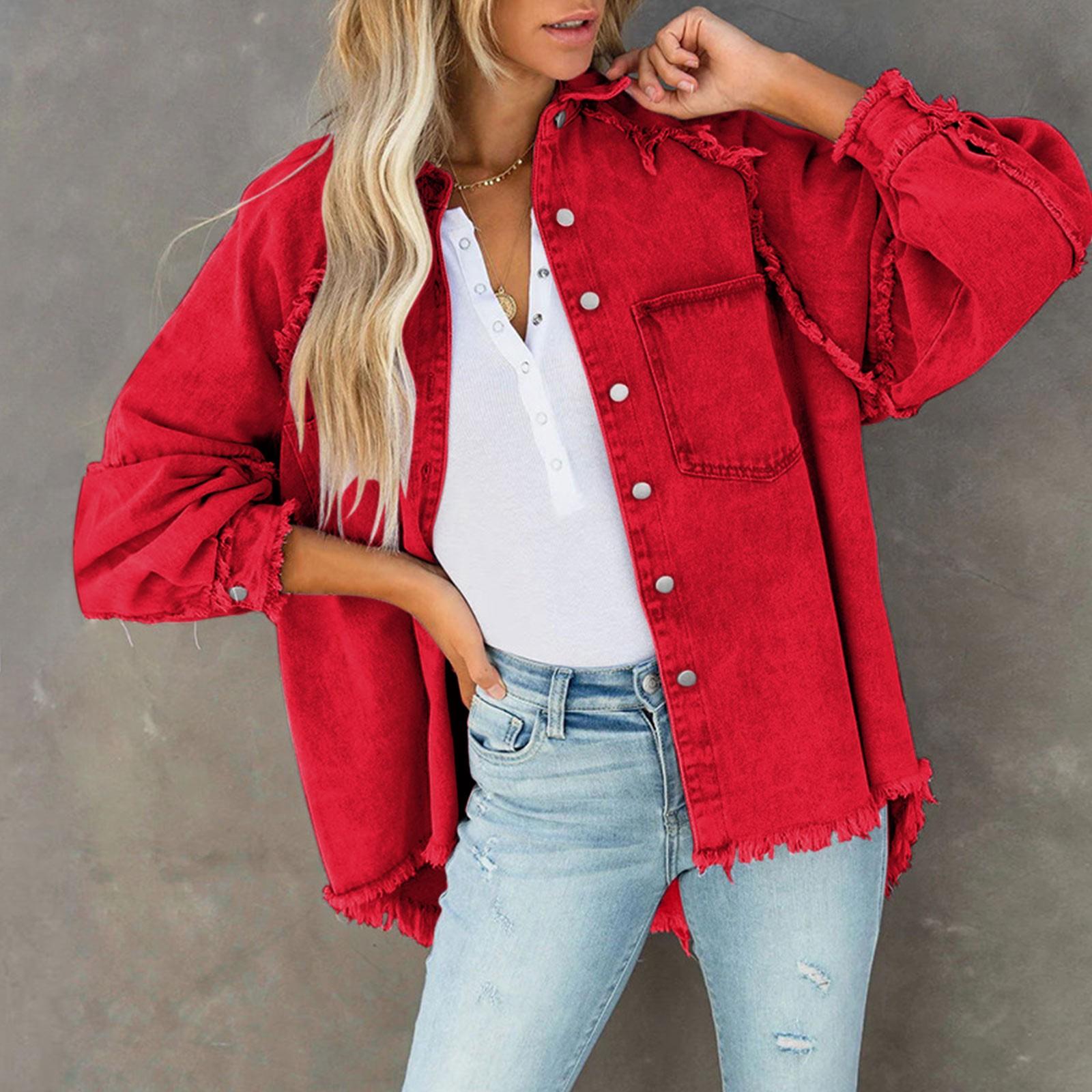 

Женская повседневная потертая джинсовая куртка с кисточками и отверстиями, свободная однотонная джинсовая куртка M