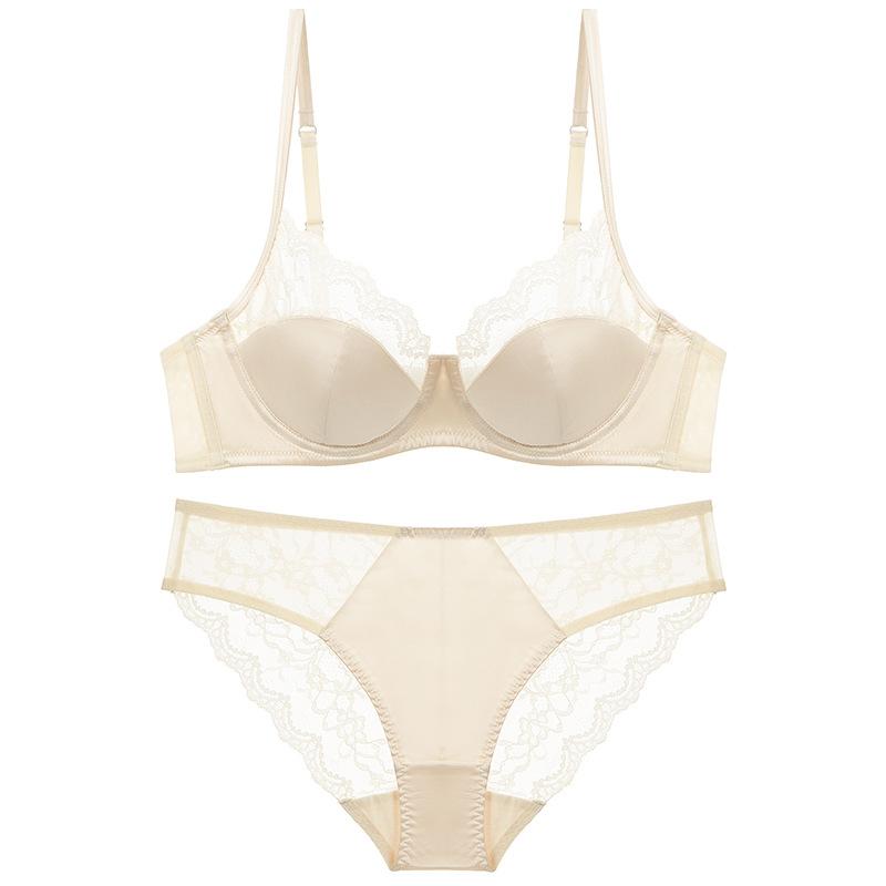 

New French underwear sexy pure desire thin satin splicing lace underwear large chest small large size bra S абрикосовий