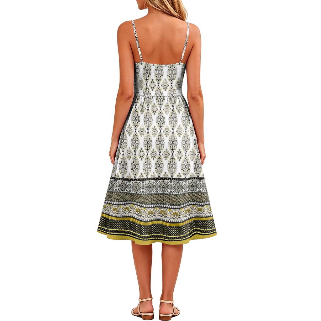 Sleeveless Adjustable Strap Dress with Pockets Casual Floral Print Midi Length Summer Dress for Women