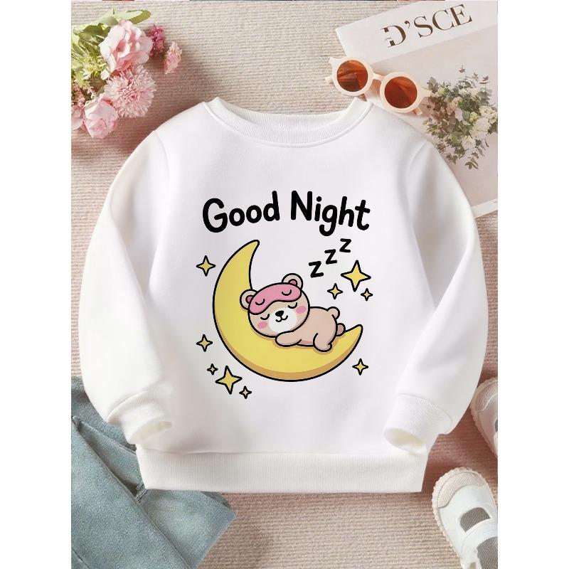 Kids Crewneck Sweatshirt, Cute Cartoon Bear Graphic Print, Soft Casual Long Sleeve Pullove 110 белый