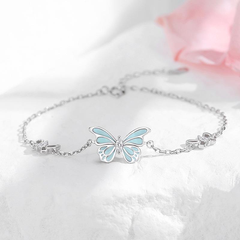 Tichya S925 Sterling Silver Butterfly Bracelet - Forest Style, Light Luxury with Luminous Blue Butterfly. 925 Silver