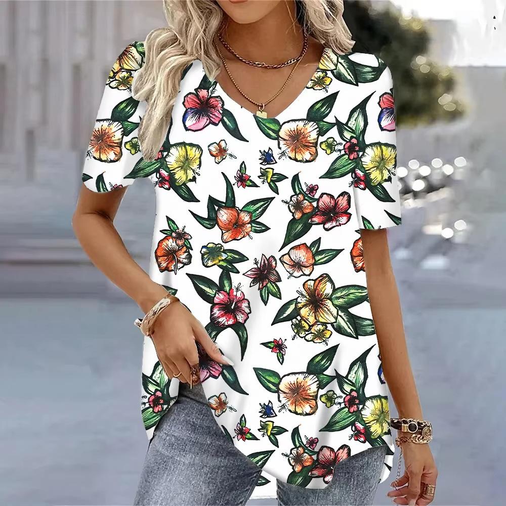 Casual Versatile Plant Pattern Short Sleeve V-Neck T-Shirts Women’s