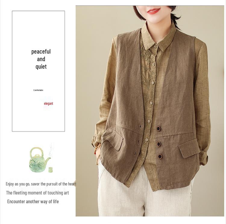 Women's 2026 Spring Retro Distressed V-Neck Button Vest, Short Artistic Cotton Linen Waistcoat, Solid Color Outerwear.