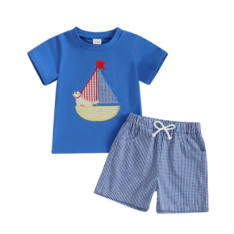 

Toddler Infant Baby Boys Clothes Sets Sailboat Embroidery Short Sleeve Round Neck T-Shirt + Plaid Shorts Summer Outfits Clothing 2-3Y синий