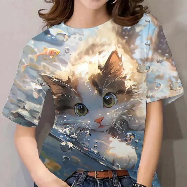Summer Round Neck 3D Printed Cute Animal Funny Cat Dog Pattern 3D Print Top Fashionable Casual Short Sleeved Women's T-shirts
