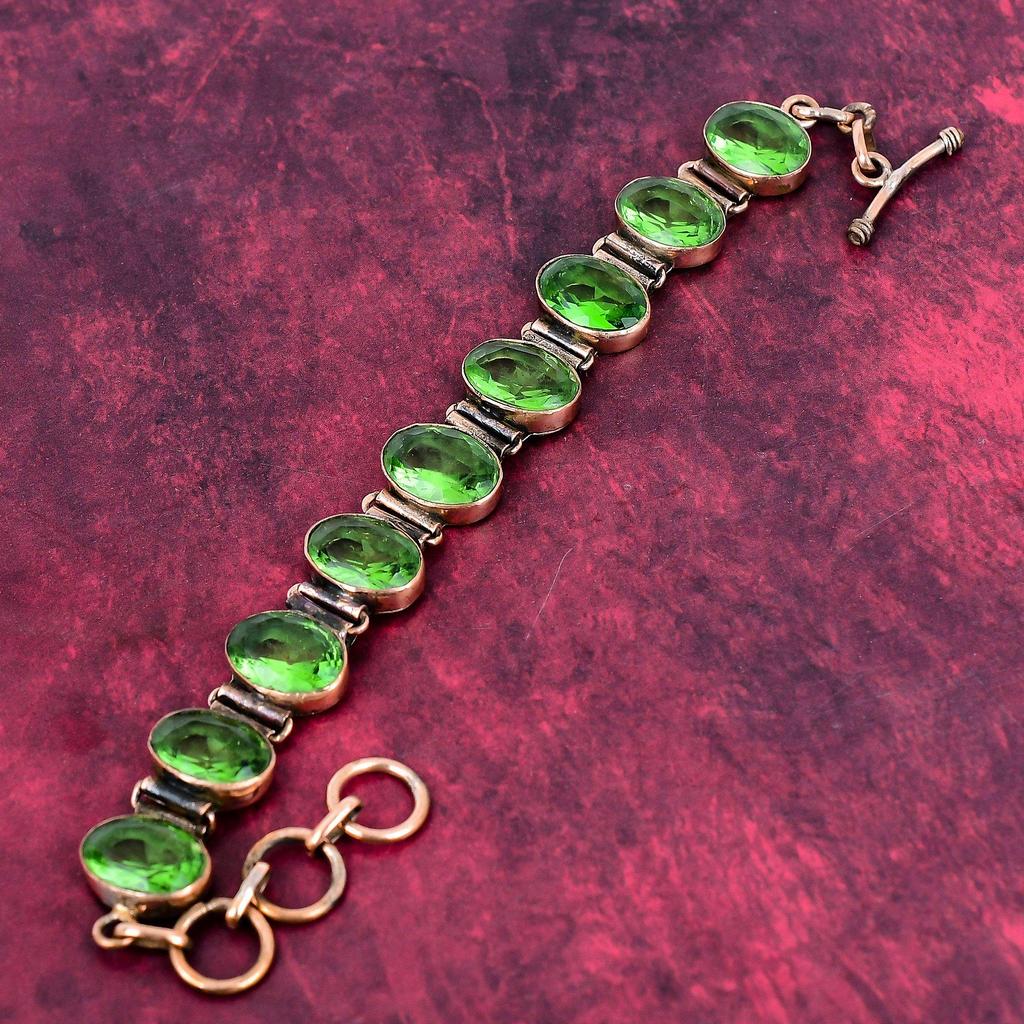 Pulseira de Peridoto Multifacetado Corrente Ajustável de Cobre Joia de Pedra Preciosa Real